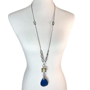 Silver Tone Necklace with Blue Acrylic Teardrop Pendant, [22” Matinee Length]